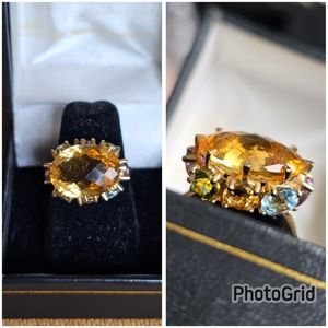 Amazing gemstone ring! Stamped 10k. Size 8. Large citrine with peridot, blue top